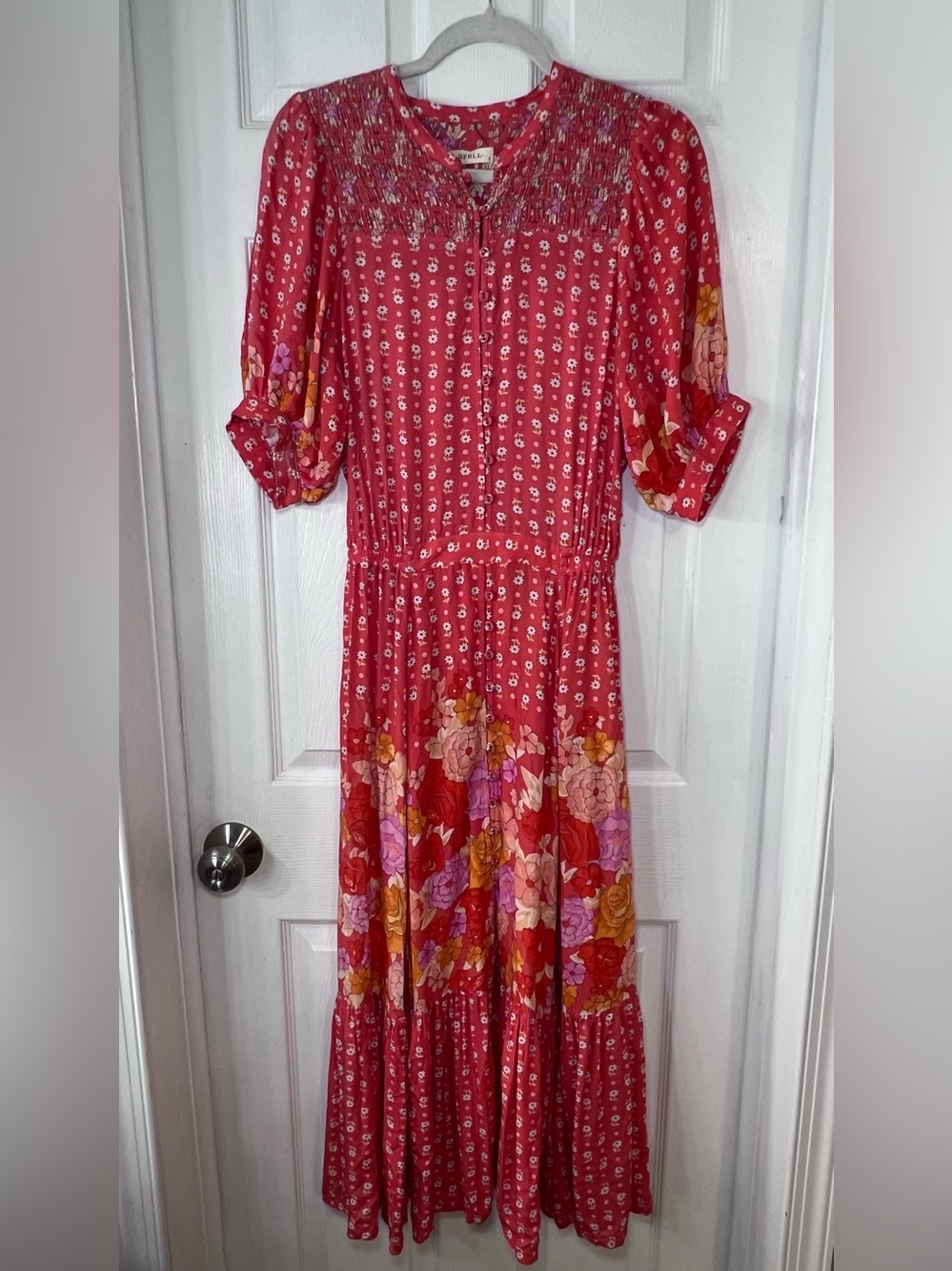 SPELL Red Floral Smocked Button Front V-Neck 3/4 Sleeve Maxi Dress S